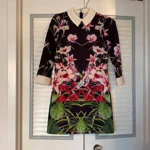 Ted Baker London Floral Collared Mini Dress - Black, Pink, Green